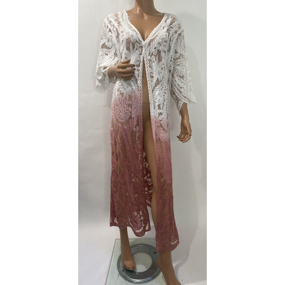 dizzy lizzy Long Cardigan Lace Fabric size medium pink/white ombre. - Picture 1 of 10